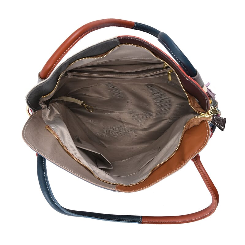 CHAOS BY ELSIE Rainbow Color Solid 3D Flower Pattern Genuine Leather Tote Bag with Long Strap