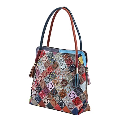 CHAOS BY ELSIE Rainbow Color Solid 3D Flower Pattern Genuine Leather Tote Bag with Long Strap