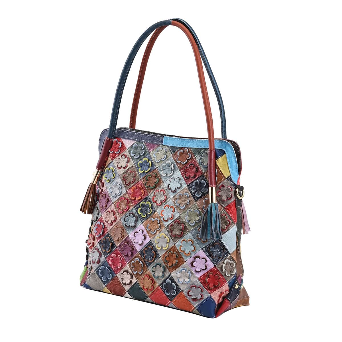 Rainbow Color Stripe and 3D Flower Pattern Genuine Leather Tote Bag (16.53"x6.5"x13.78") with Long Strap image number 6