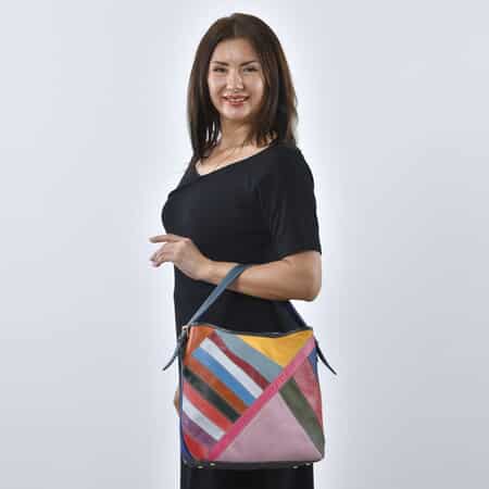 Chaos By Elsie Rainbow Color Block Pattern Genuine Leather Hobo Bag with Handle Drop and Shoulder Strap image number 1