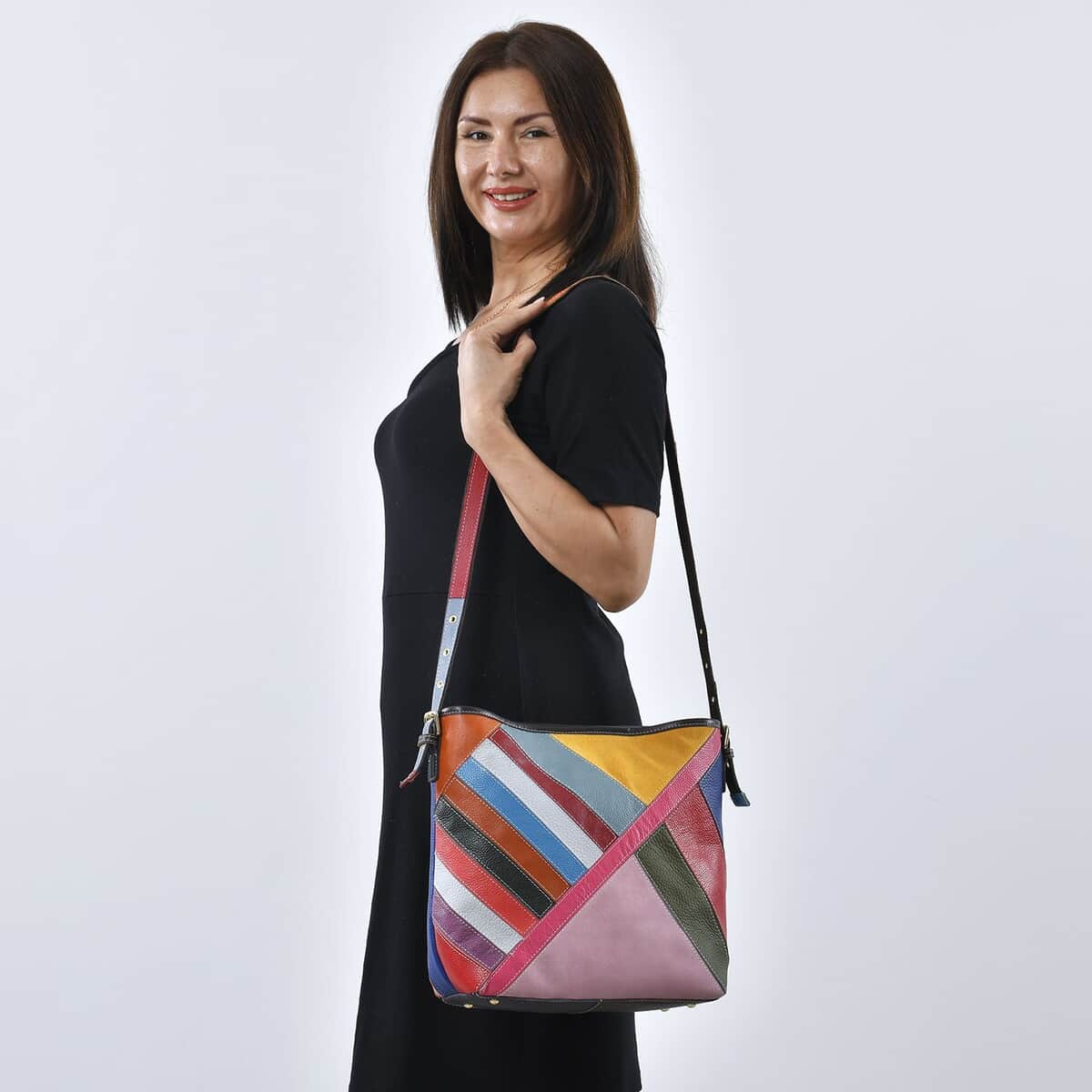 Chaos By Elsie Rainbow Color Block Pattern Genuine Leather Hobo Bag with Handle Drop and Shoulder Strap image number 2