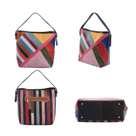 Chaos By Elsie Rainbow Color Block Pattern Genuine Leather Hobo Bag with Handle Drop and Shoulder Strap image number 3