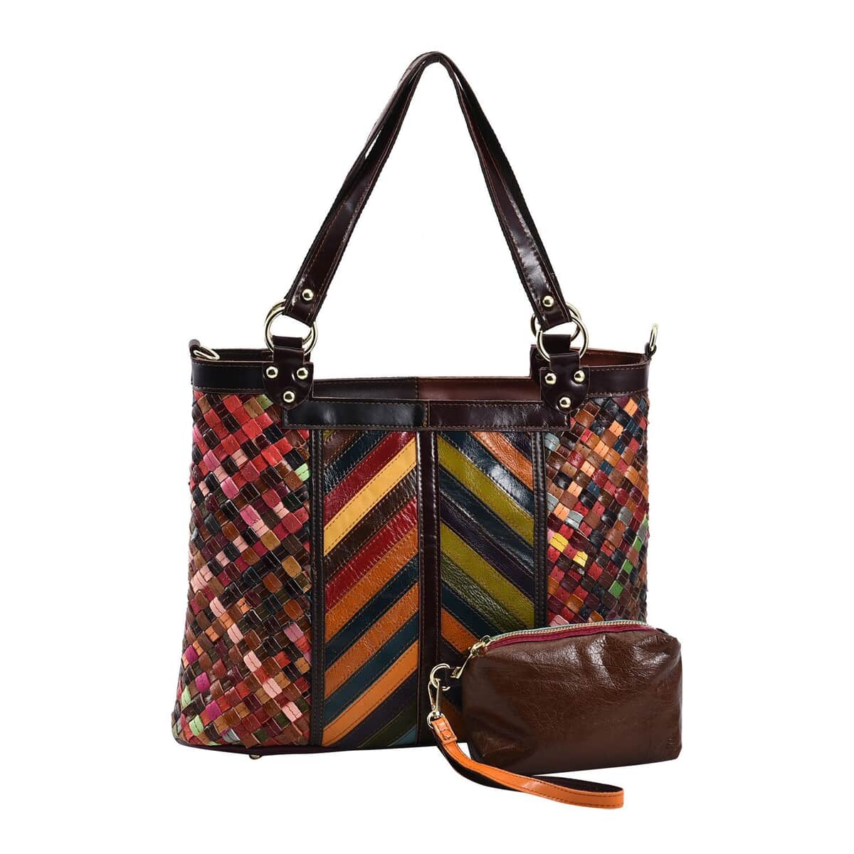 CHAOS By Elsie Rainbow Color Stripe Pattern Genuine Leather Tote Bag with Pouch with Handle Drop and Shoulder Strap image number 0