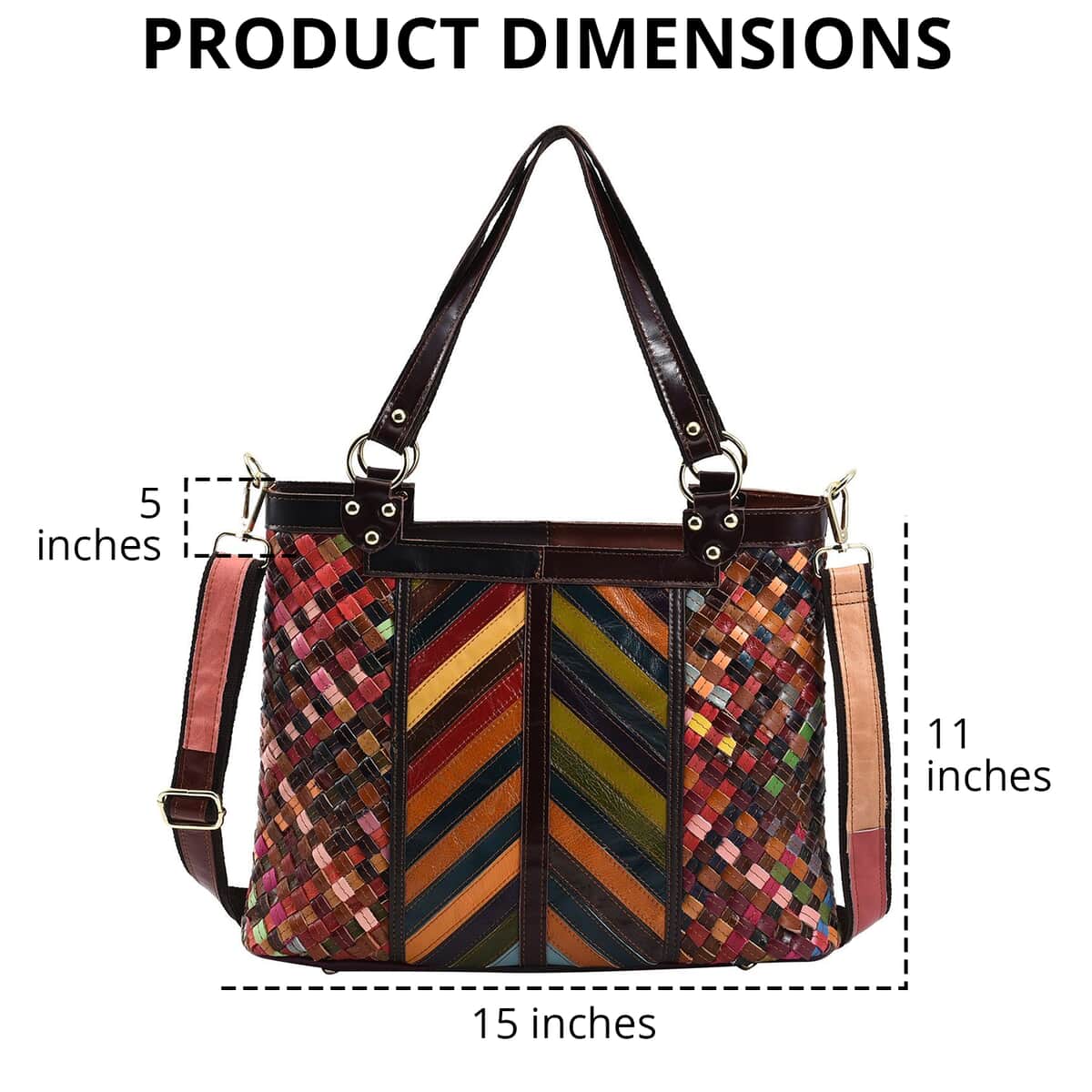 CHAOS By Elsie Rainbow Color Stripe Pattern Genuine Leather Tote Bag with Pouch with Handle Drop and Shoulder Strap image number 3