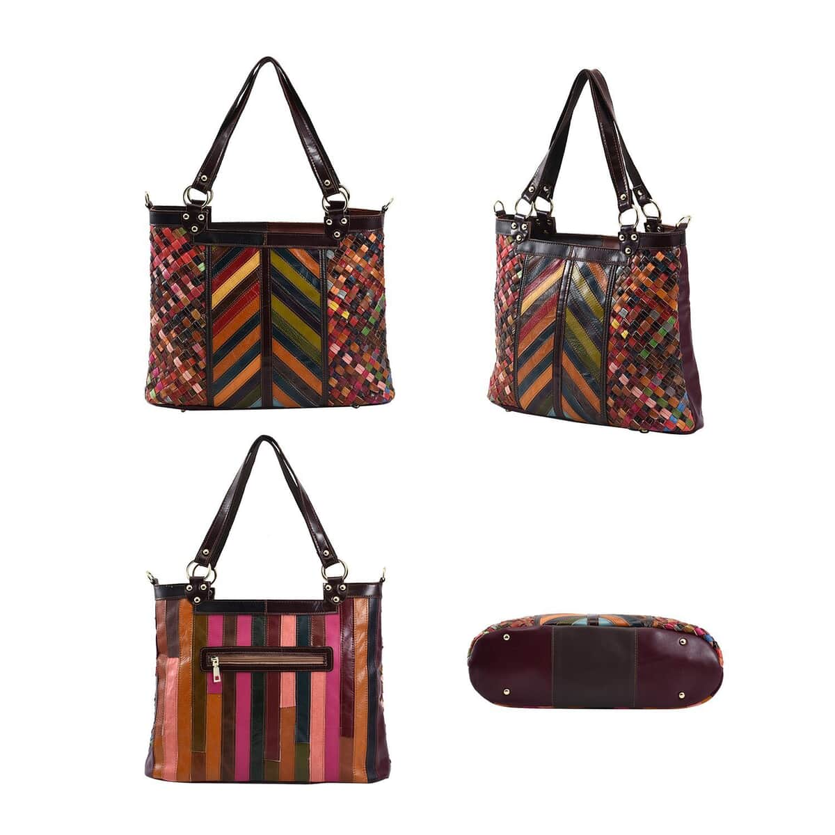 CHAOS By Elsie Rainbow Color Stripe Pattern Genuine Leather Tote Bag with Pouch with Handle Drop and Shoulder Strap image number 4