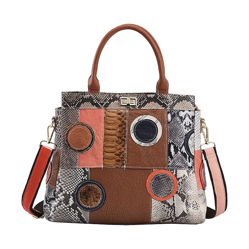 CHAOS By Elsie Rainbow Color Snakeskin Pattern Genuine Leather Tote Bag with Handle Drop and Shoulder Strap