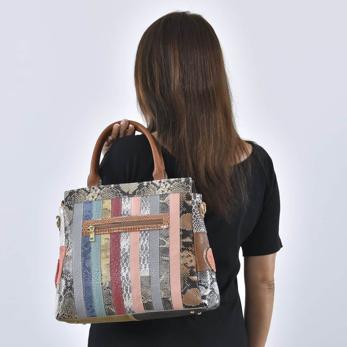 CHAOS By Elsie Rainbow Color Snakeskin Pattern Genuine Leather Tote Bag with Handle Drop and Shoulder Strap image number 2