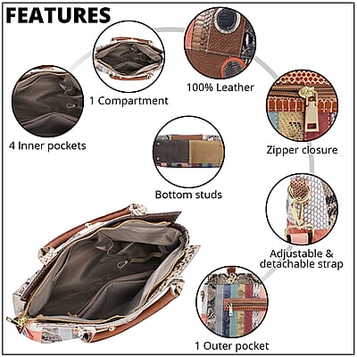 CHAOS By Elsie Rainbow Color Snakeskin Pattern Genuine Leather Tote Bag with Handle Drop and Shoulder Strap