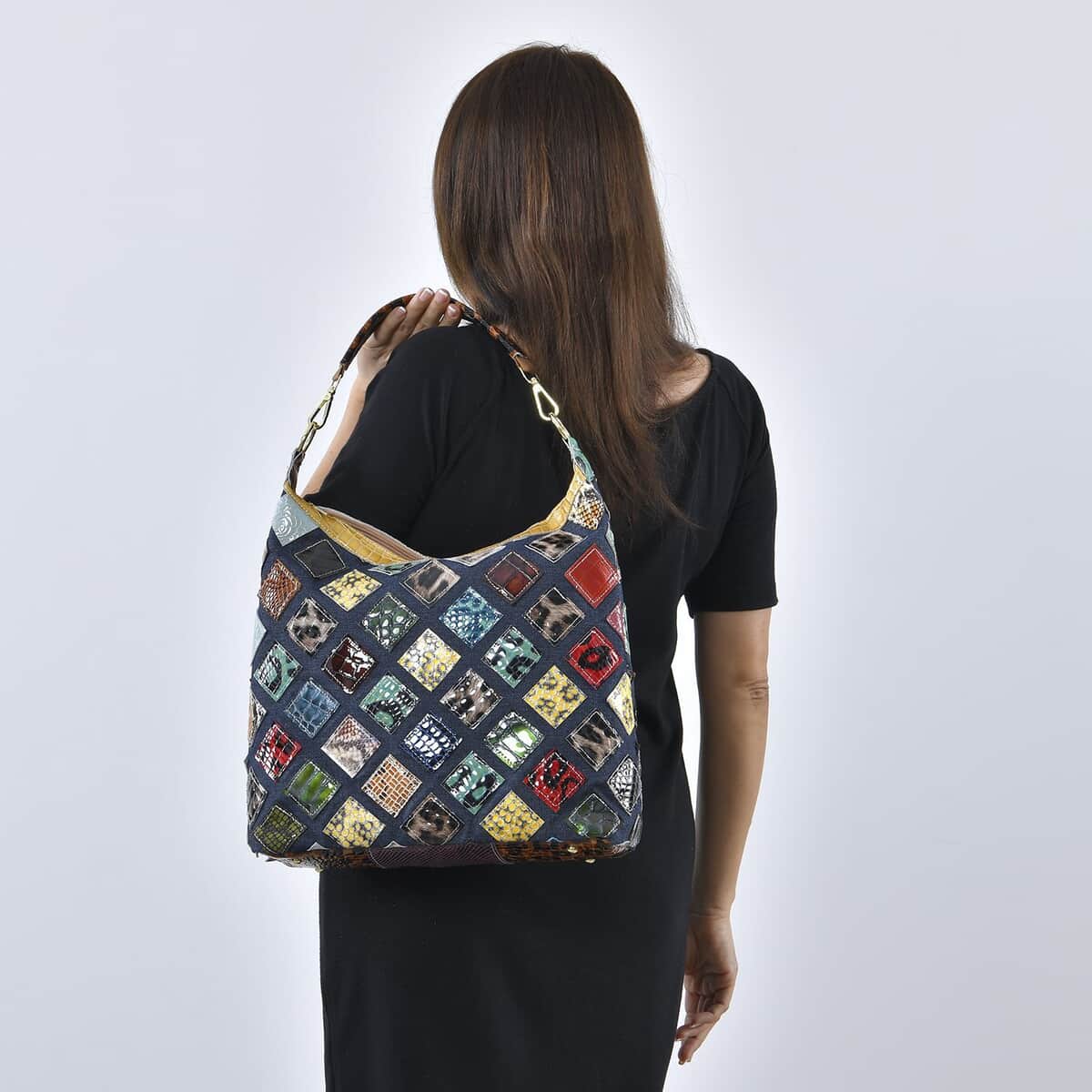 CHAOS By Elsie Croco Diamond Pattern Genuine Leather Hobo Bag with Handle Drop and Shoulder Strap image number 1