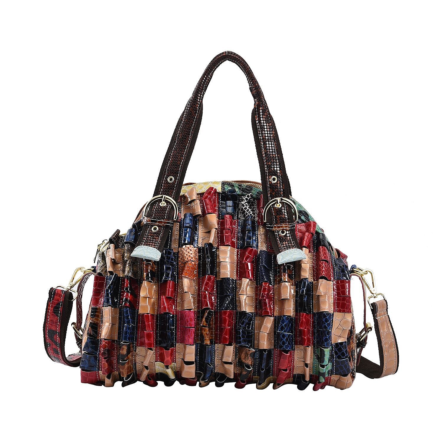 CHAOS By Elsie Rainbow Color Genuine Leather Stripe & 3D Pattern Convertible Tote Bag with Long Shoulder Strap