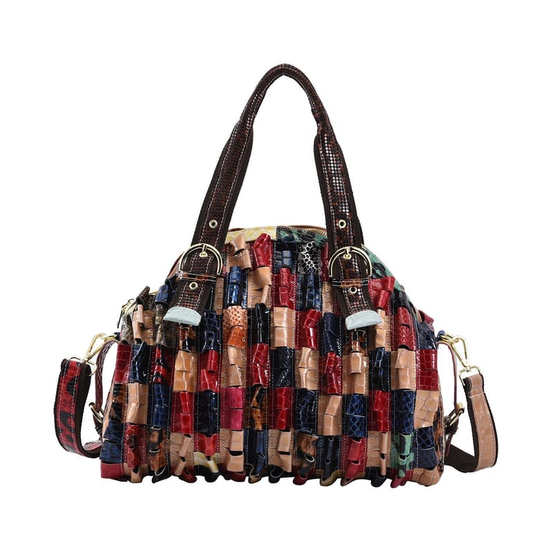 CHAOS By Elsie Rainbow Color Genuine Leather Stripe & 3D Pattern Convertible Tote Bag with Long Shoulder Strap