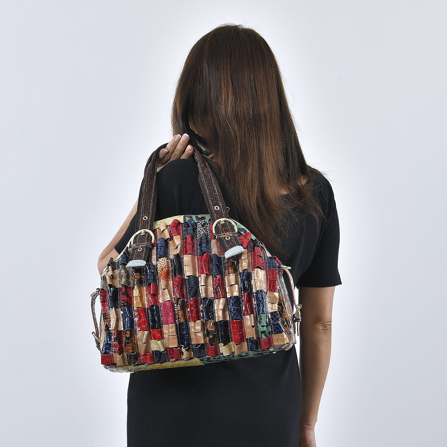 CHAOS By Elsie Rainbow Color Genuine Leather Stripe & 3D Pattern Convertible Tote Bag with Long Shoulder Strap