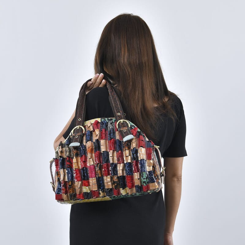 CHAOS By Elsie Rainbow Color Genuine Leather Stripe & 3D Pattern Convertible Tote Bag with Long Shoulder Strap