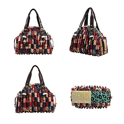 CHAOS By Elsie Rainbow Color Genuine Leather Stripe & 3D Pattern Convertible Tote Bag with Long Shoulder Strap
