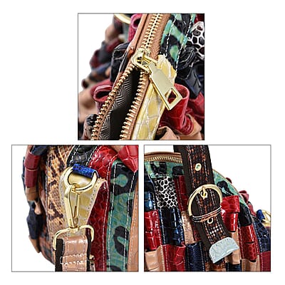 CHAOS By Elsie Rainbow Color Genuine Leather Stripe & 3D Pattern Convertible Tote Bag with Long Shoulder Strap