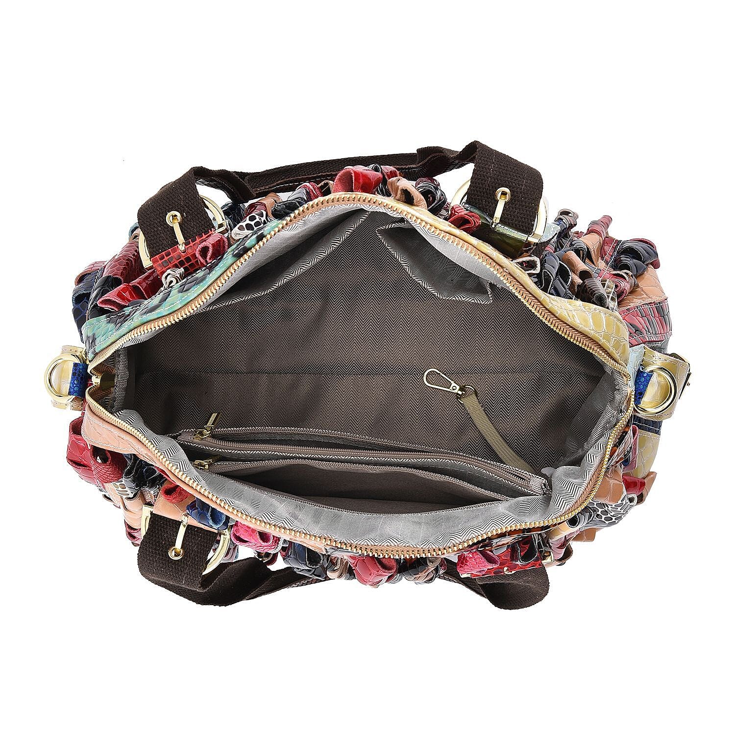 CHAOS By Elsie Rainbow Color Genuine Leather Stripe & 3D Pattern Convertible Tote Bag with Long Shoulder Strap
