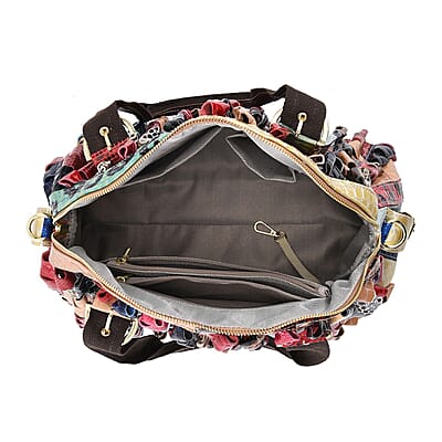CHAOS By Elsie Rainbow Color Genuine Leather Stripe & 3D Pattern Convertible Tote Bag with Long Shoulder Strap