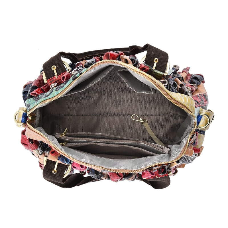 CHAOS By Elsie Rainbow Color Genuine Leather Stripe & 3D Pattern Convertible Tote Bag with Long Shoulder Strap