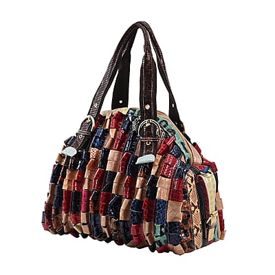 CHAOS By Elsie Rainbow Color Genuine Leather Stripe & 3D Pattern Convertible Tote Bag with Long Shoulder Strap