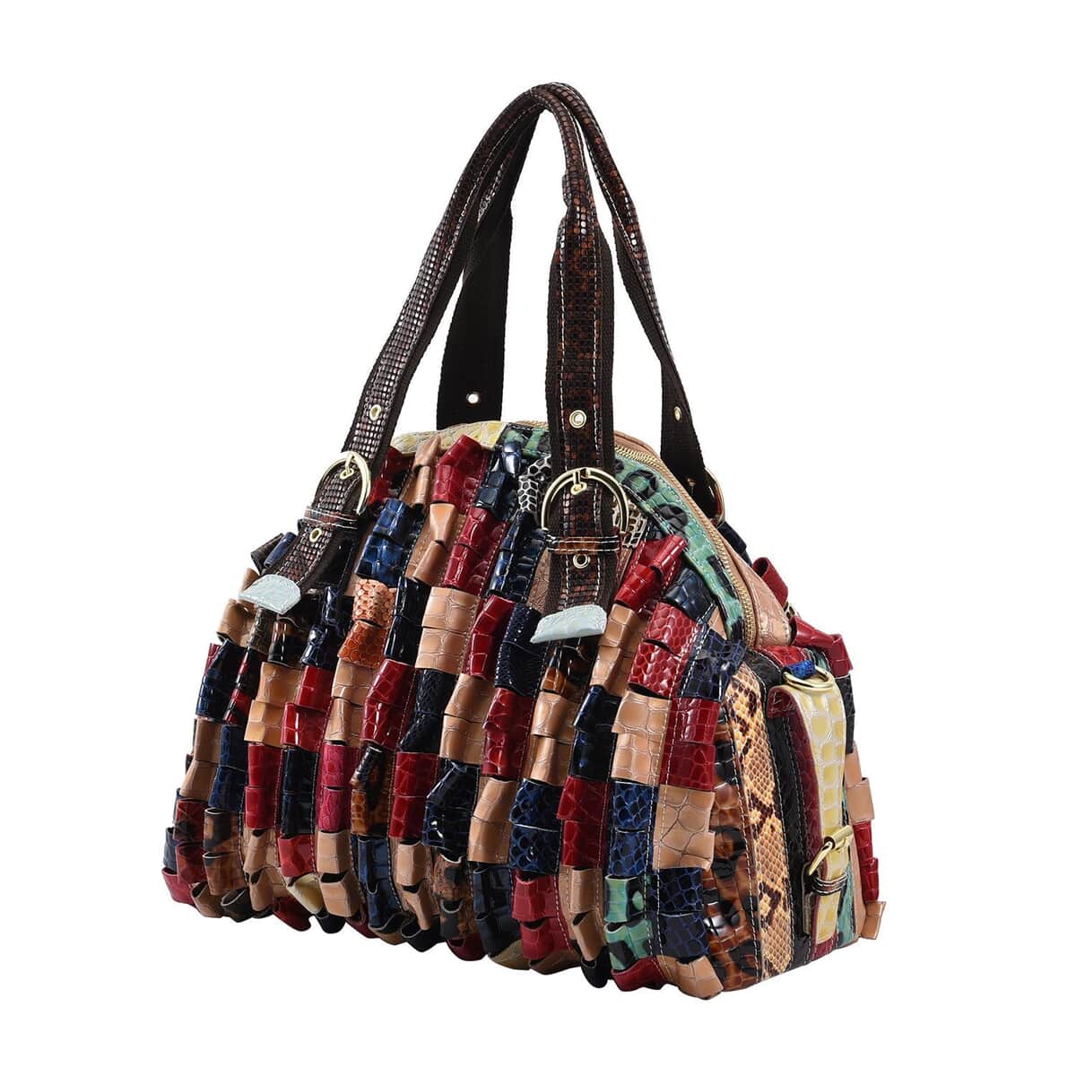 CHAOS Rainbow Color Genuine Leather Stripe & 3D Flower Pattern Convertible Tote Bag (15.75"x8.66"x12.2") with Long Shoulder Strap image number 6