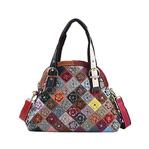 CHAOS By Elsie Rainbow Color Genuine Leather Stripe & 3D Flower Pattern Convertible Tote Bag with Long Shoulder Strap