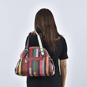 CHAOS By Elsie Rainbow Color Genuine Leather Stripe & 3D Flower Pattern Convertible Tote Bag with Long Shoulder Strap