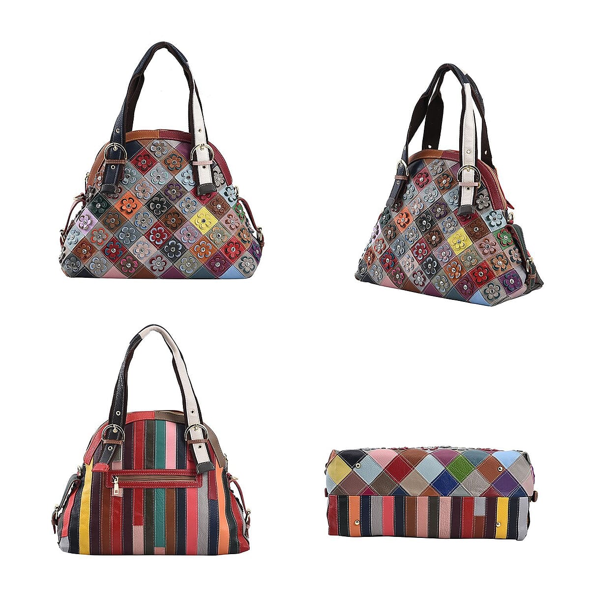 CHAOS By Elsie Rainbow Color Genuine Leather Stripe & 3D Flower Pattern Convertible Tote Bag with Long Shoulder Strap image number 3