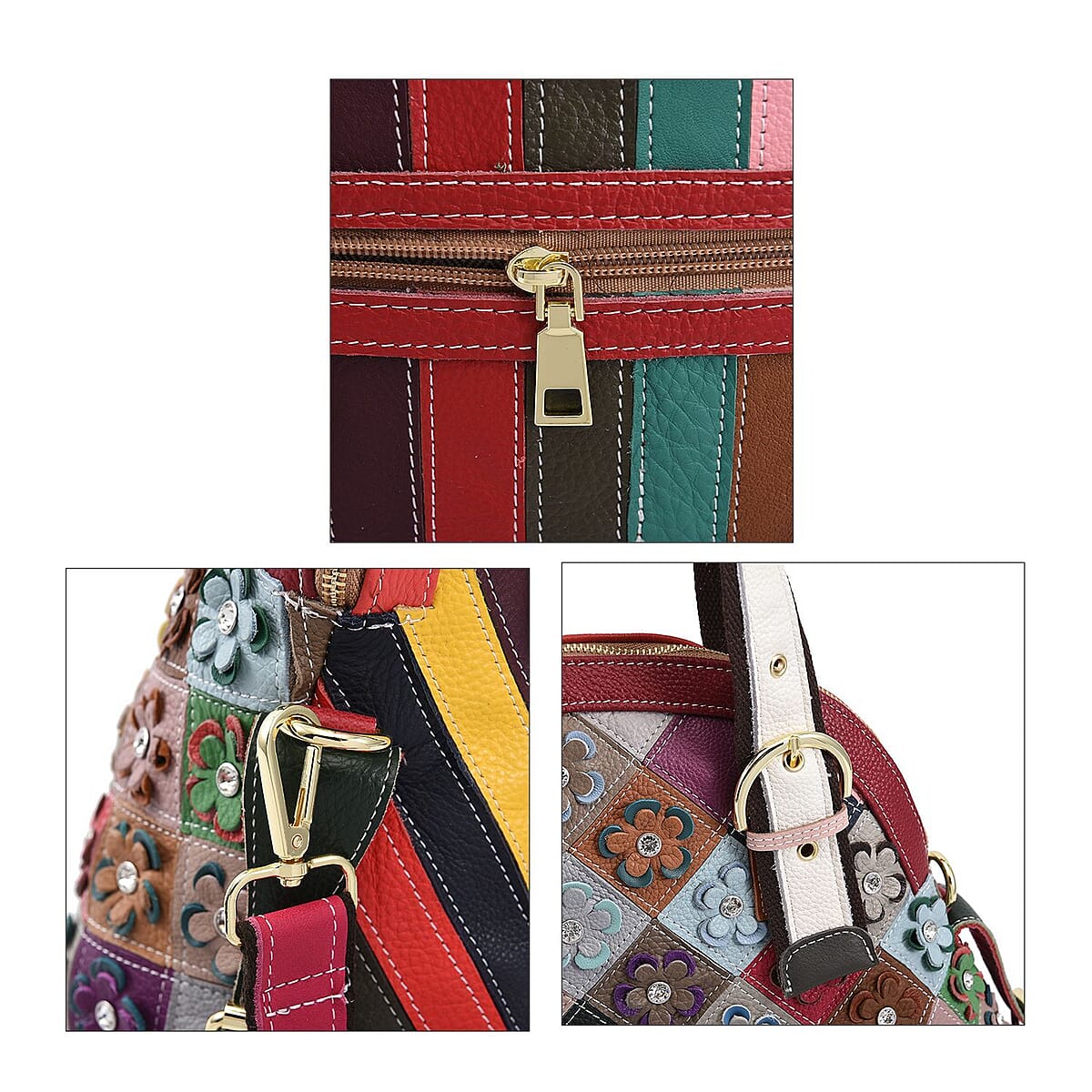 CHAOS By Elsie Rainbow Color Genuine Leather Stripe & 3D Flower Pattern Convertible Tote Bag with Long Shoulder Strap image number 4