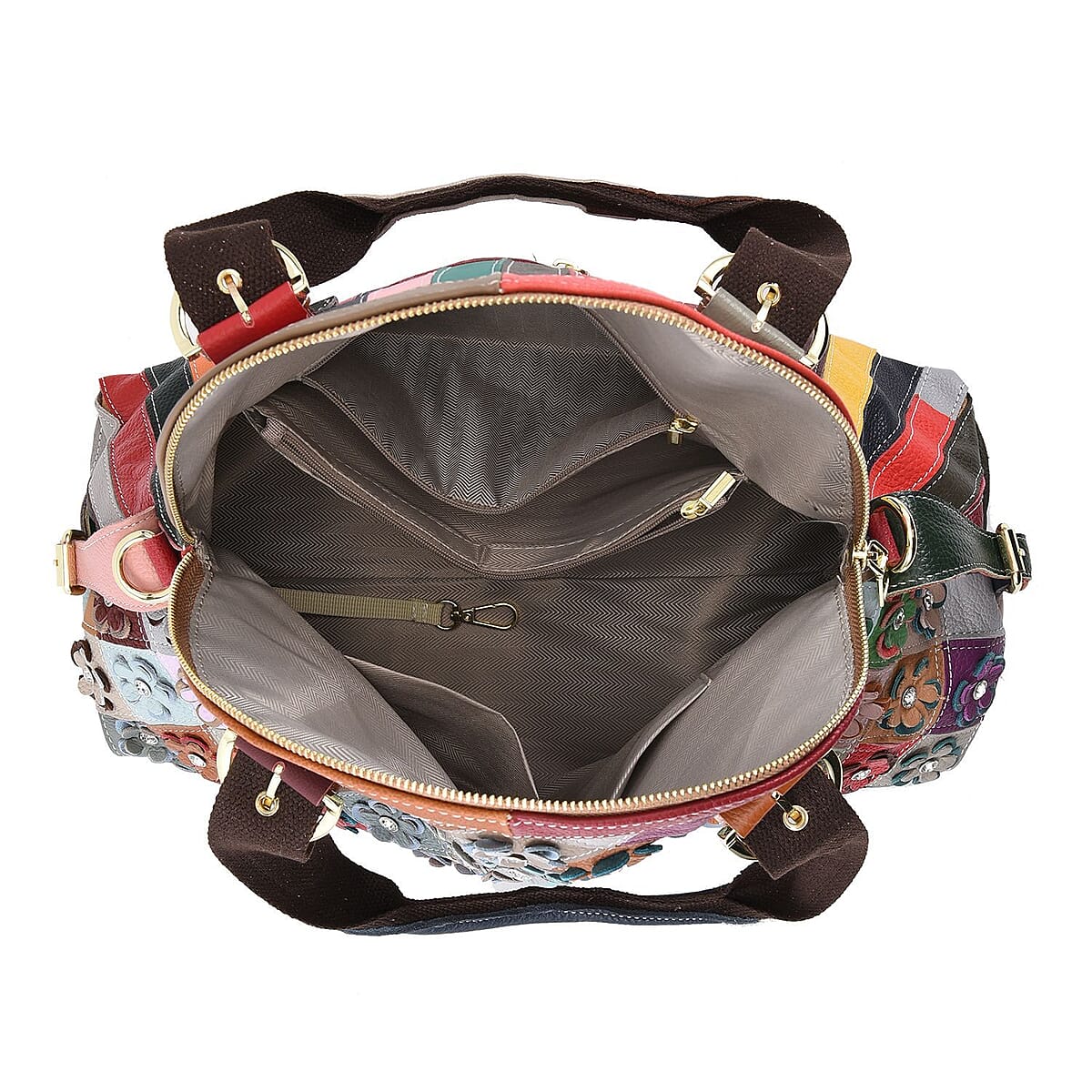 CHAOS By Elsie Rainbow Color Genuine Leather Stripe & 3D Flower Pattern Convertible Tote Bag with Long Shoulder Strap image number 5