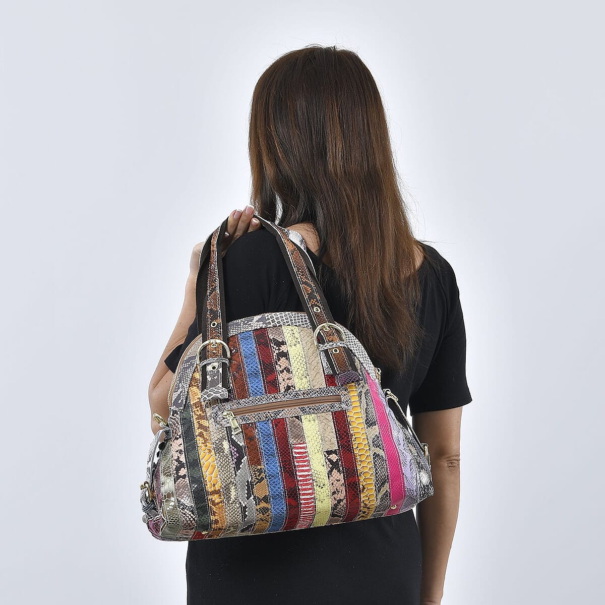 CHAOS By Elsie Rainbow Color Snake Print Genuine Leather Stripe & 3D Flower Pattern Convertible Tote Bag with Long Shoulder Strap image number 2