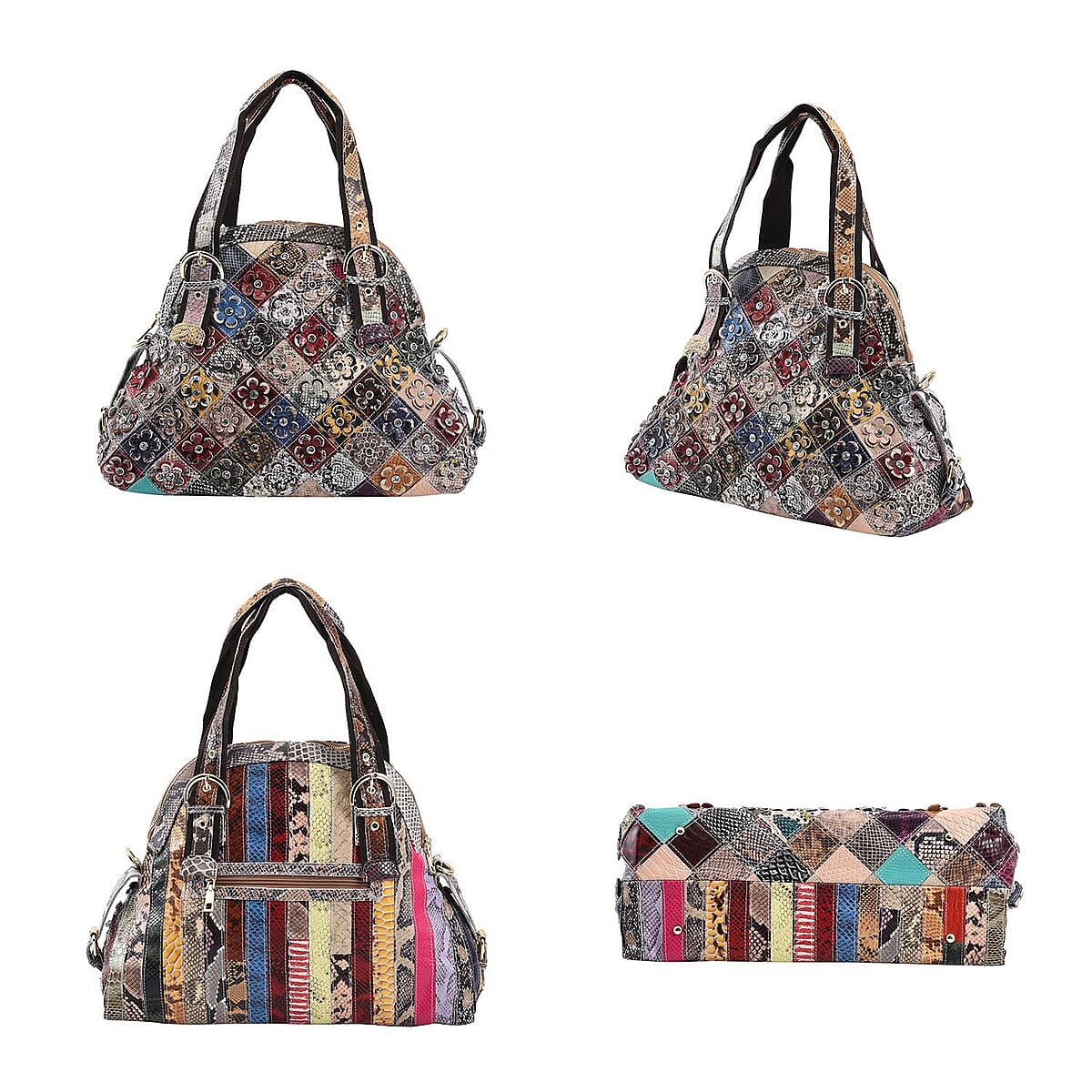 CHAOS By Elsie Rainbow Color Snake Print Genuine Leather Stripe & 3D Flower Pattern Convertible Tote Bag with Long Shoulder Strap image number 3