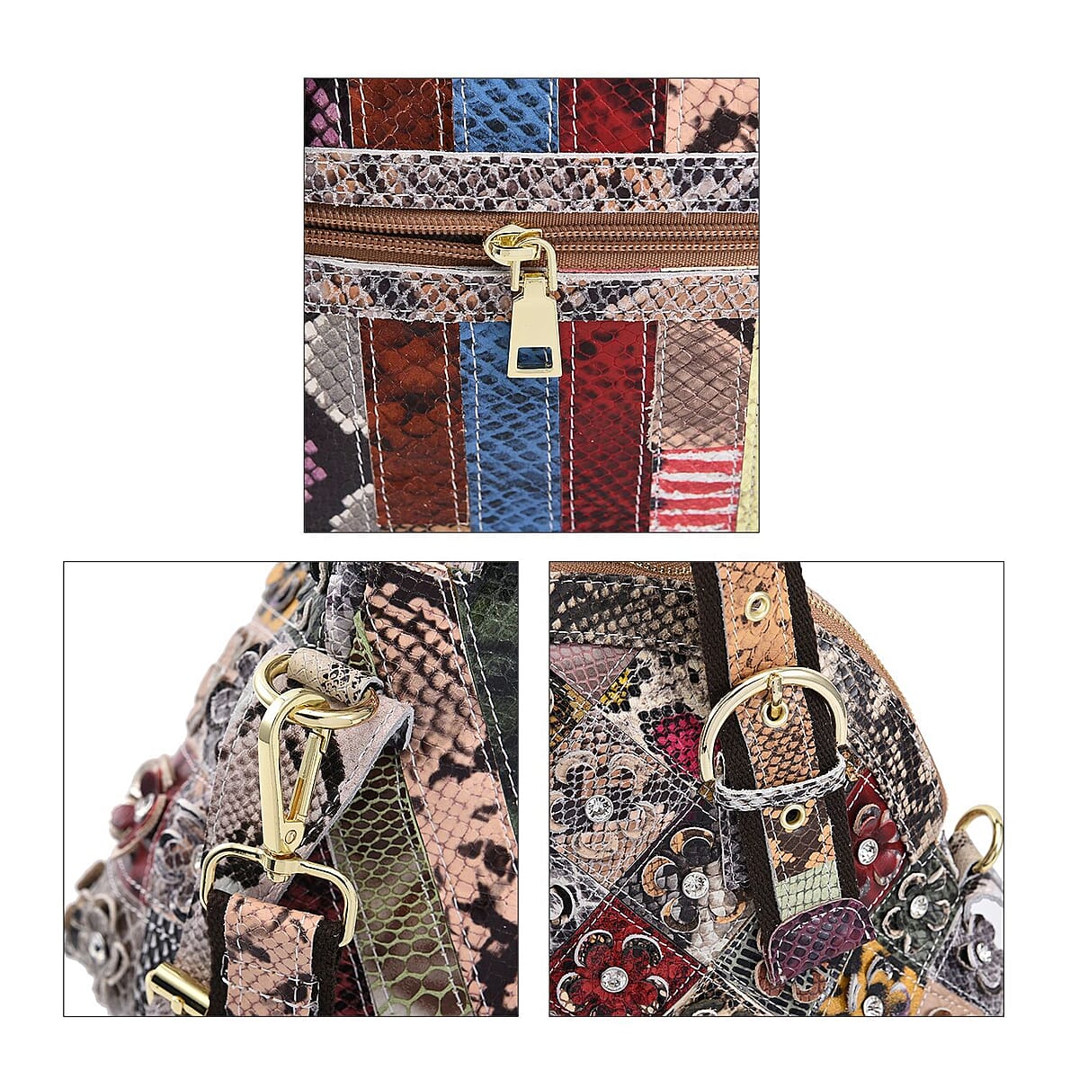 CHAOS By Elsie Rainbow Color Snake Print Genuine Leather Stripe & 3D Flower Pattern Convertible Tote Bag with Long Shoulder Strap image number 4