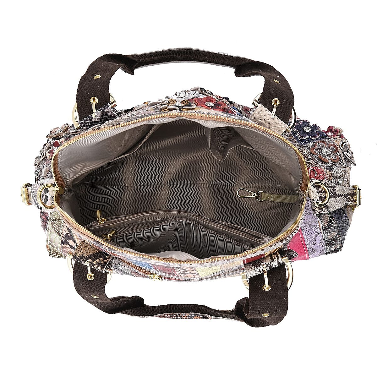 CHAOS By Elsie Rainbow Color Snake Print Genuine Leather Stripe & 3D Flower Pattern Convertible Tote Bag with Long Shoulder Strap image number 5