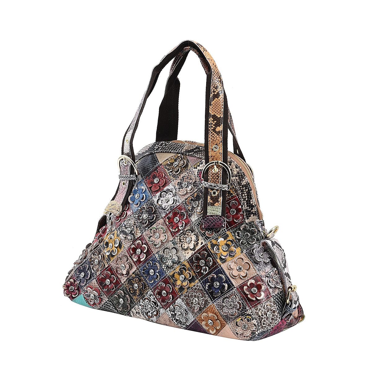 CHAOS By Elsie Rainbow Color Snake Print Genuine Leather Stripe & 3D Flower Pattern Convertible Tote Bag with Long Shoulder Strap image number 6