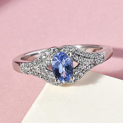 Tanzanite and White Zircon 0.90 ctw Ring in Platinum Over Sterling Silver