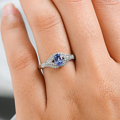 Tanzanite and White Zircon 0.90 ctw Ring in Platinum Over Sterling Silver