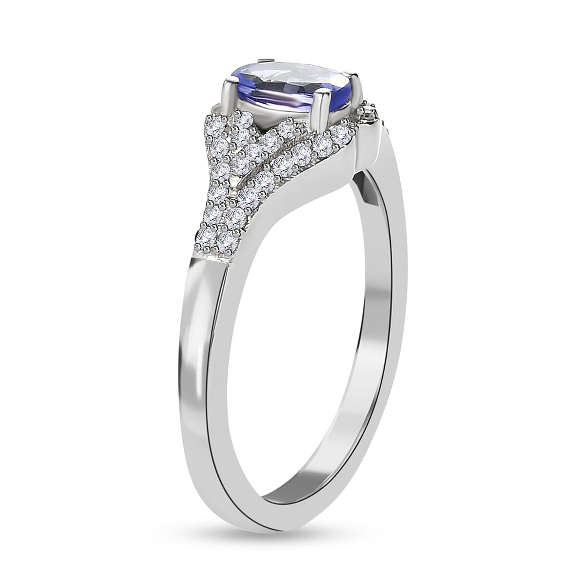 Tanzanite and White Zircon 0.90 ctw Ring in Platinum Over Sterling Silver (Size 11.5) image number 4