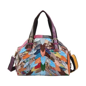 Rainbow Color Fall Foliage Theme Genuine Leather Convertible Tote Bag (15"x6"x12.2") with Long Strap