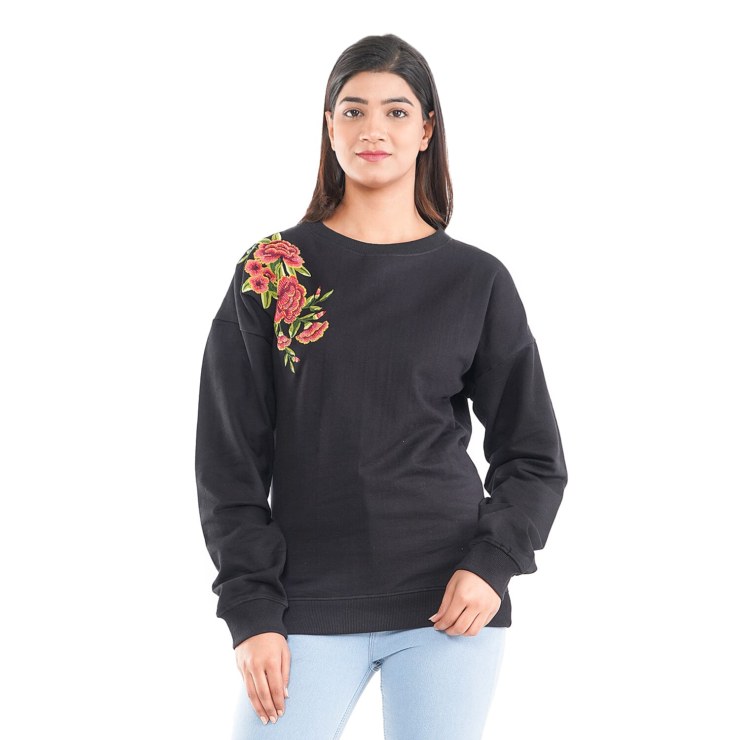 Tamsy Black 100% Cotton Fleece Knit Sweatshirt - L
