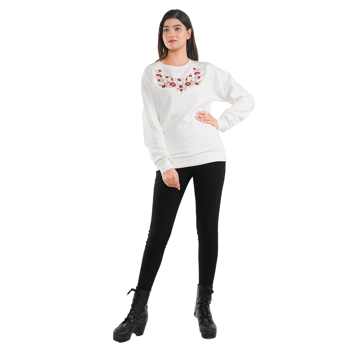 Tamsy Off White 100% Cotton Fleece Knit Sweatshirt - S image number 0