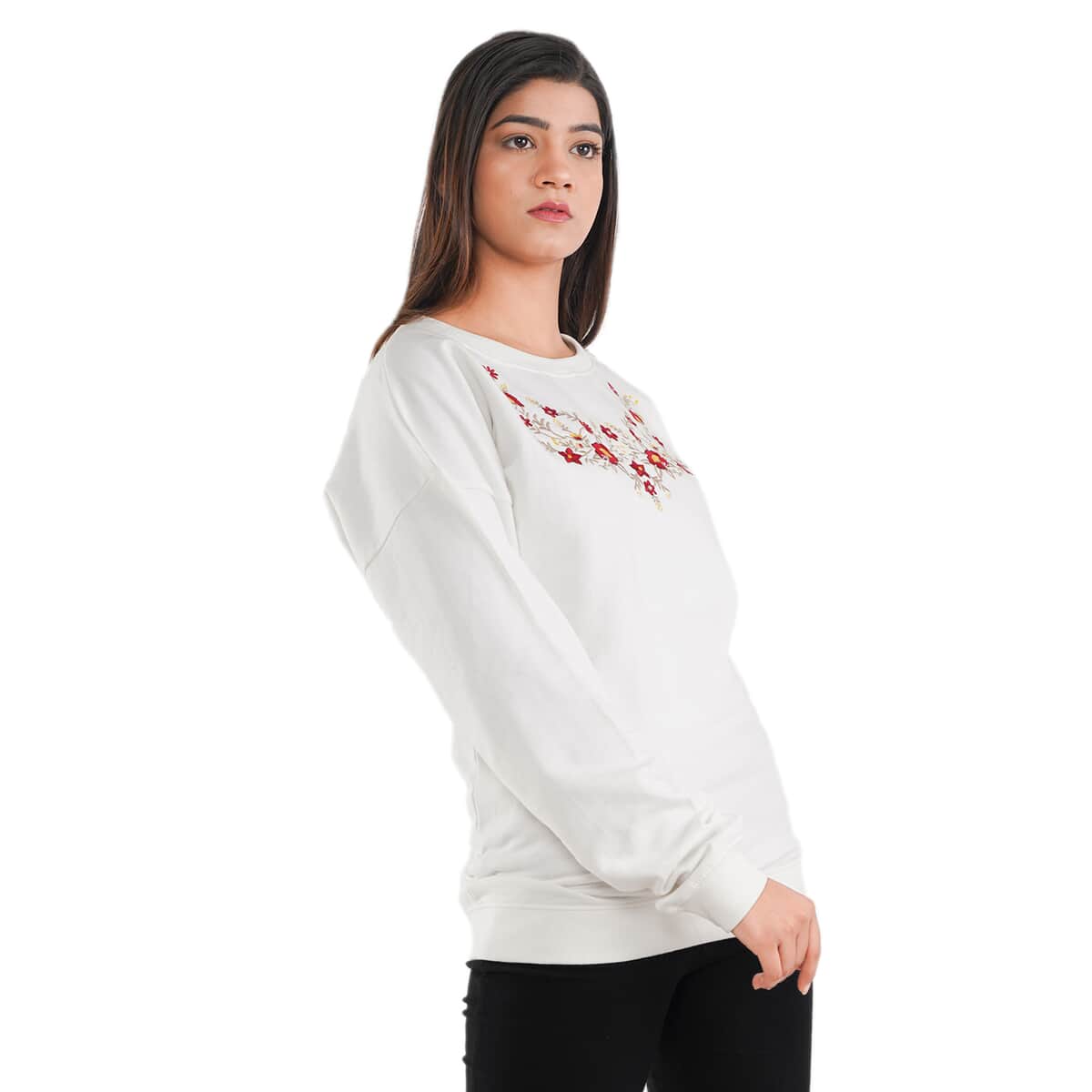 Tamsy Off White 100% Cotton Fleece Knit Sweatshirt - S image number 3