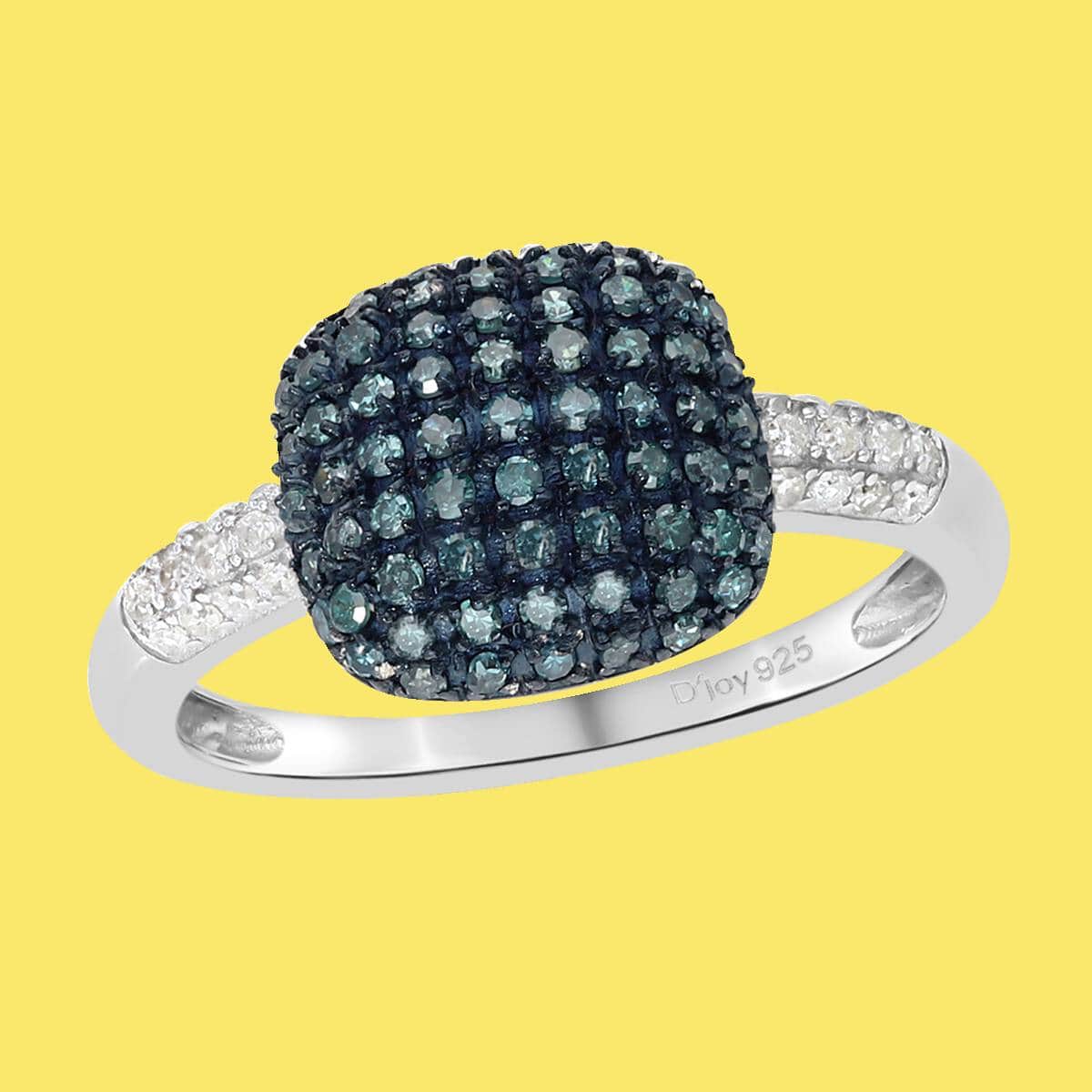 Blue Diamond and Diamond Cluster Ring in Rhodium and Platinum Over Sterling Silver 0.50 ctw image number 1