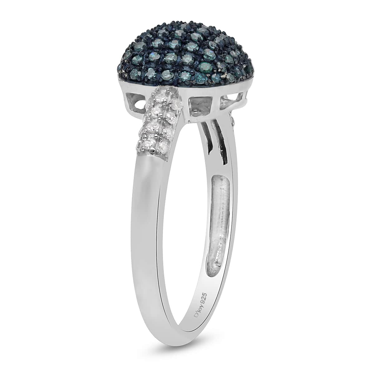 Blue Diamond and Diamond Cluster Ring in Rhodium and Platinum Over Sterling Silver 0.50 ctw image number 3