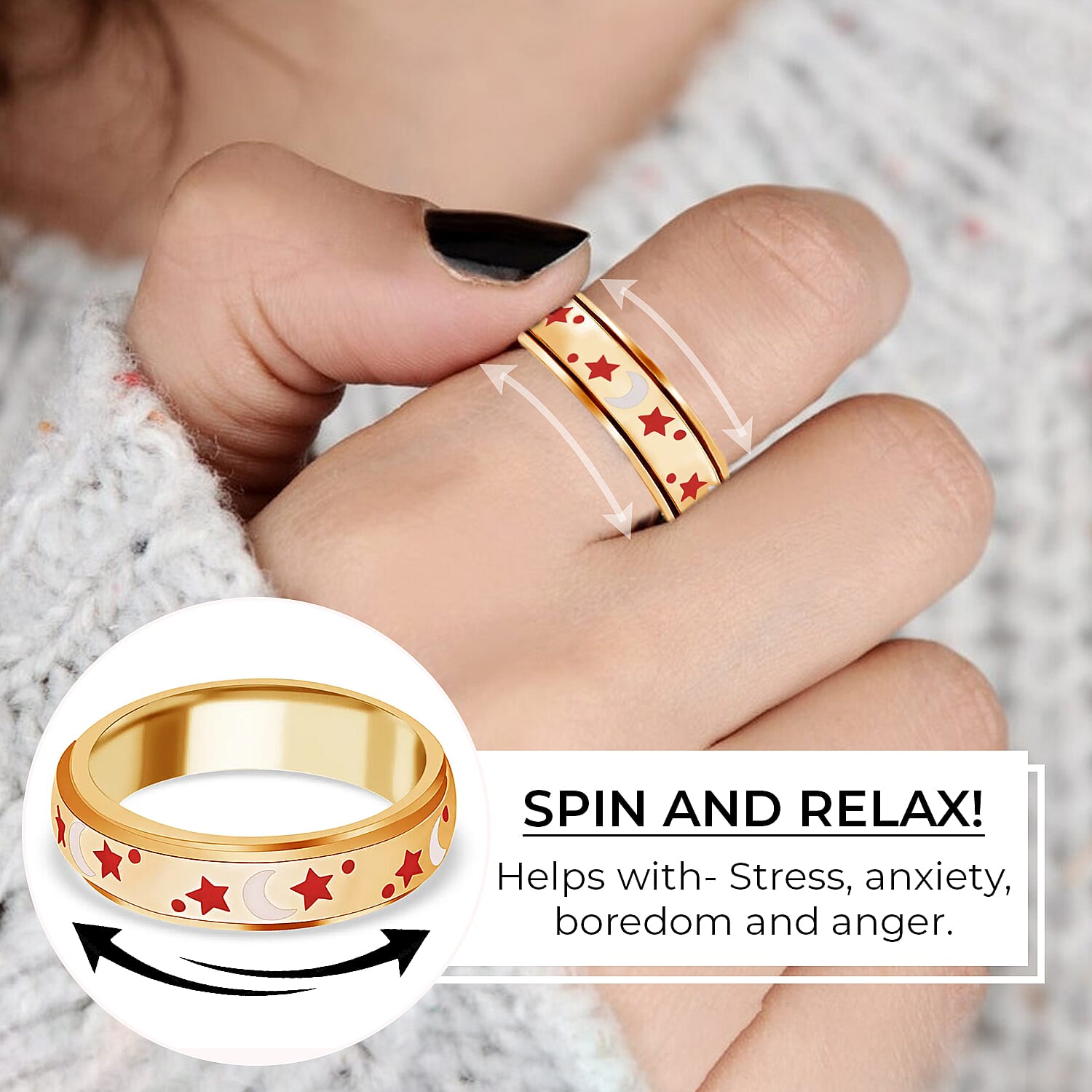 925 Sterling Silver Fidget Ring Spinner Ring Moon Star Anxiety Ring for Women Vermeil Yellow Gold Jewelry Birthday Gifts (Size 6.00)