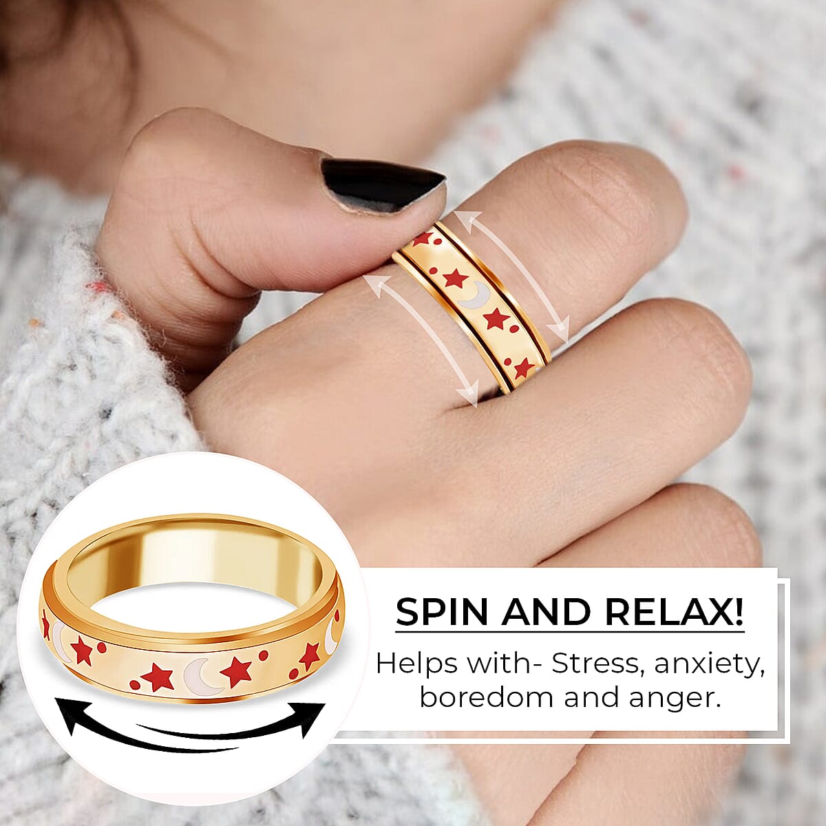 925 Sterling Silver Fidget Ring Spinner Ring Moon Star Anxiety Ring for Women Vermeil Yellow Gold Jewelry Birthday Gifts (Size 6.00) image number 2