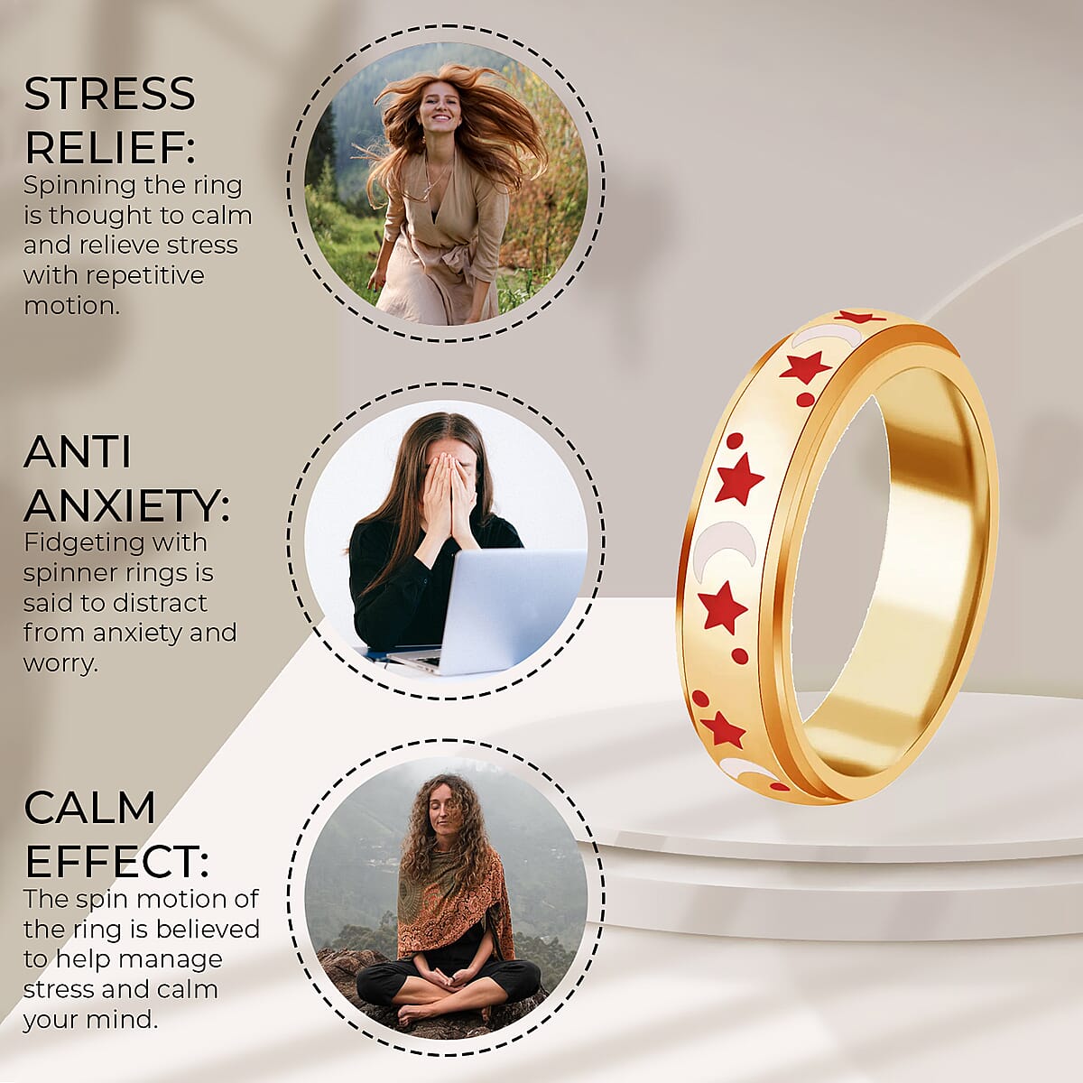 925 Sterling Silver Fidget Ring Spinner Ring Moon Star Anxiety Ring for Women Vermeil Yellow Gold Jewelry Birthday Gifts (Size 6.00) image number 3