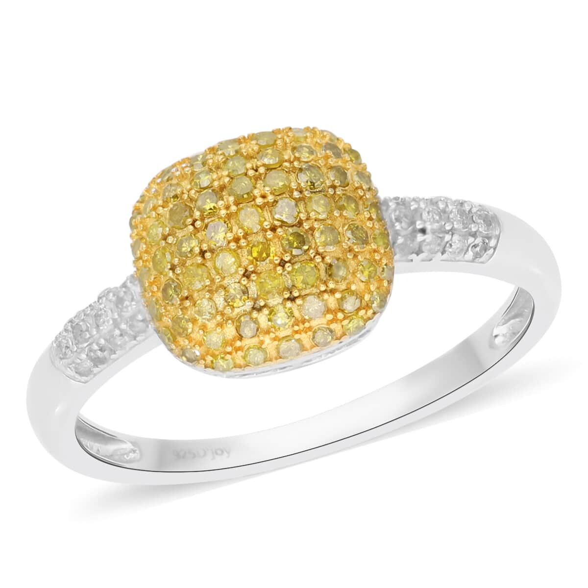 Yellow Diamond and Diamond Cluster Ring in Rhodium and Platinum Over Sterling Silver (Size 9.0) 0.50 ctw image number 0