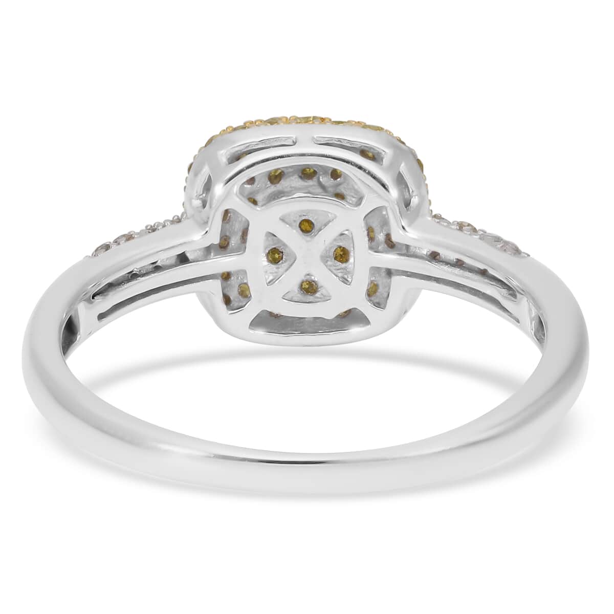 Yellow Diamond and Diamond Cluster Ring in Rhodium and Platinum Over Sterling Silver (Size 9.0) 0.50 ctw image number 4