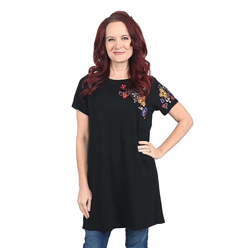 Thyme & Honey Black Tunic with Blue Floral Embroidery - Large