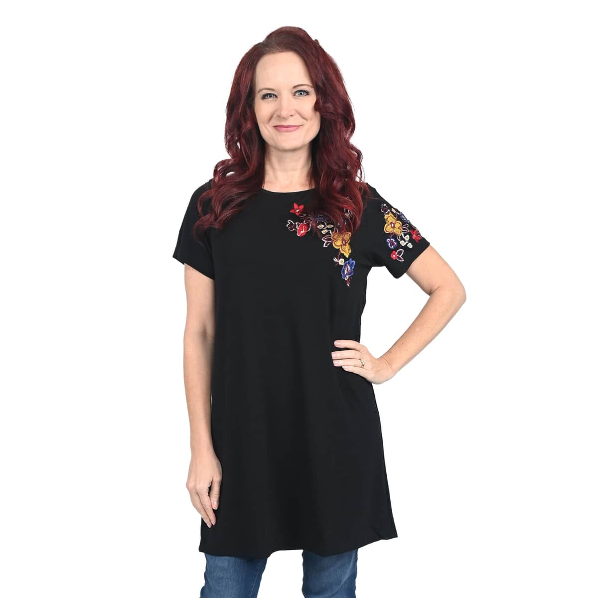Thyme & Honey Black Tunic with Blue Floral Embroidery - Large image number 0